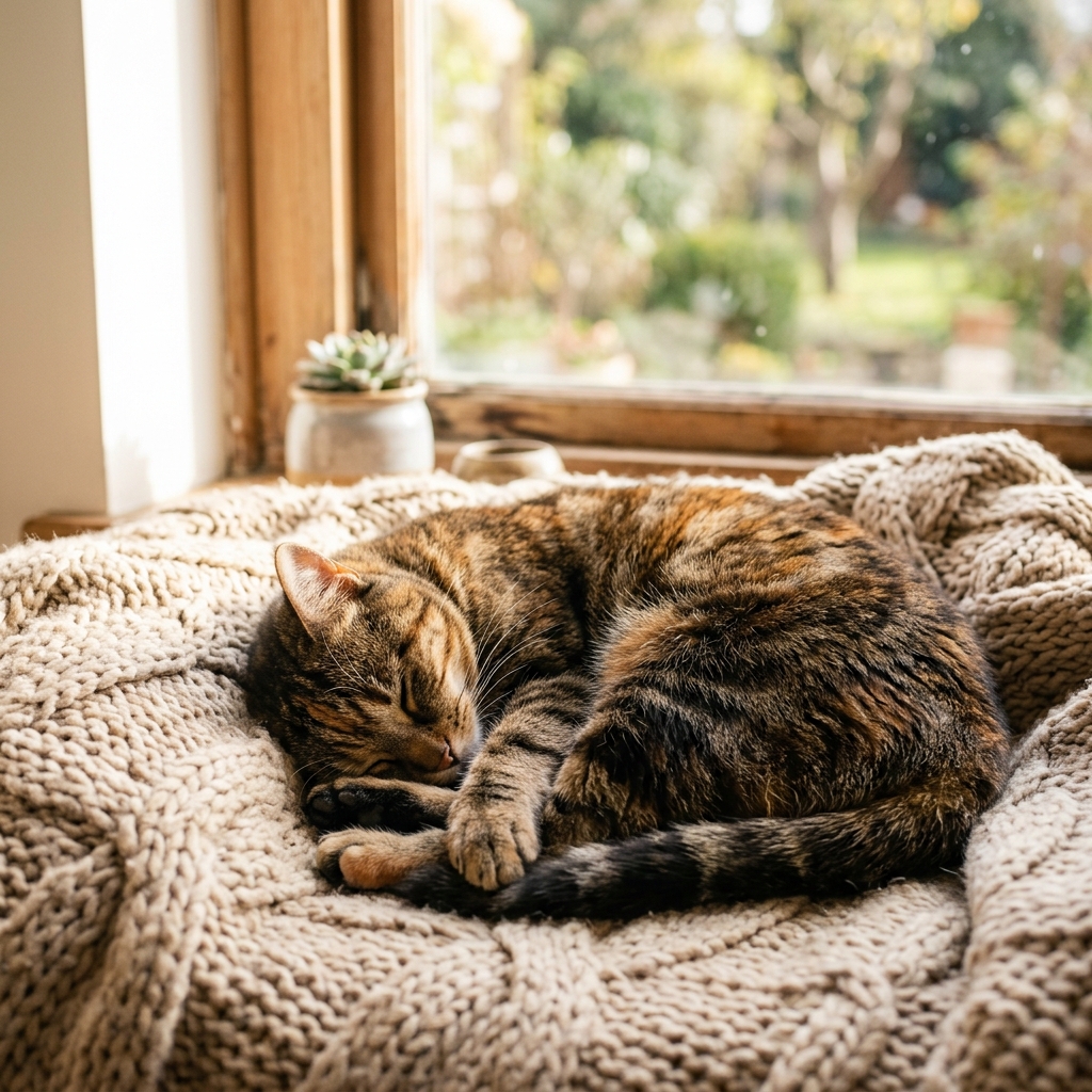 Sleepy tabby cat on a blanket