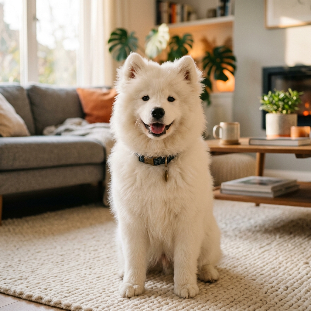 Happy fluffy Samoyed puppy smiling