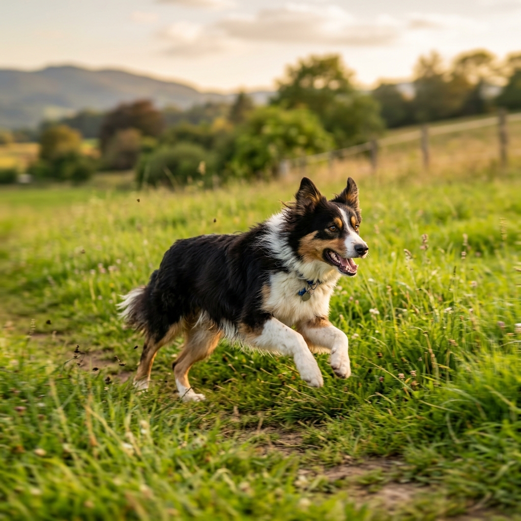 Border Collie running in a grassy field