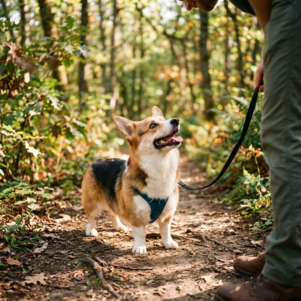 Welsh Corgi on a forest path