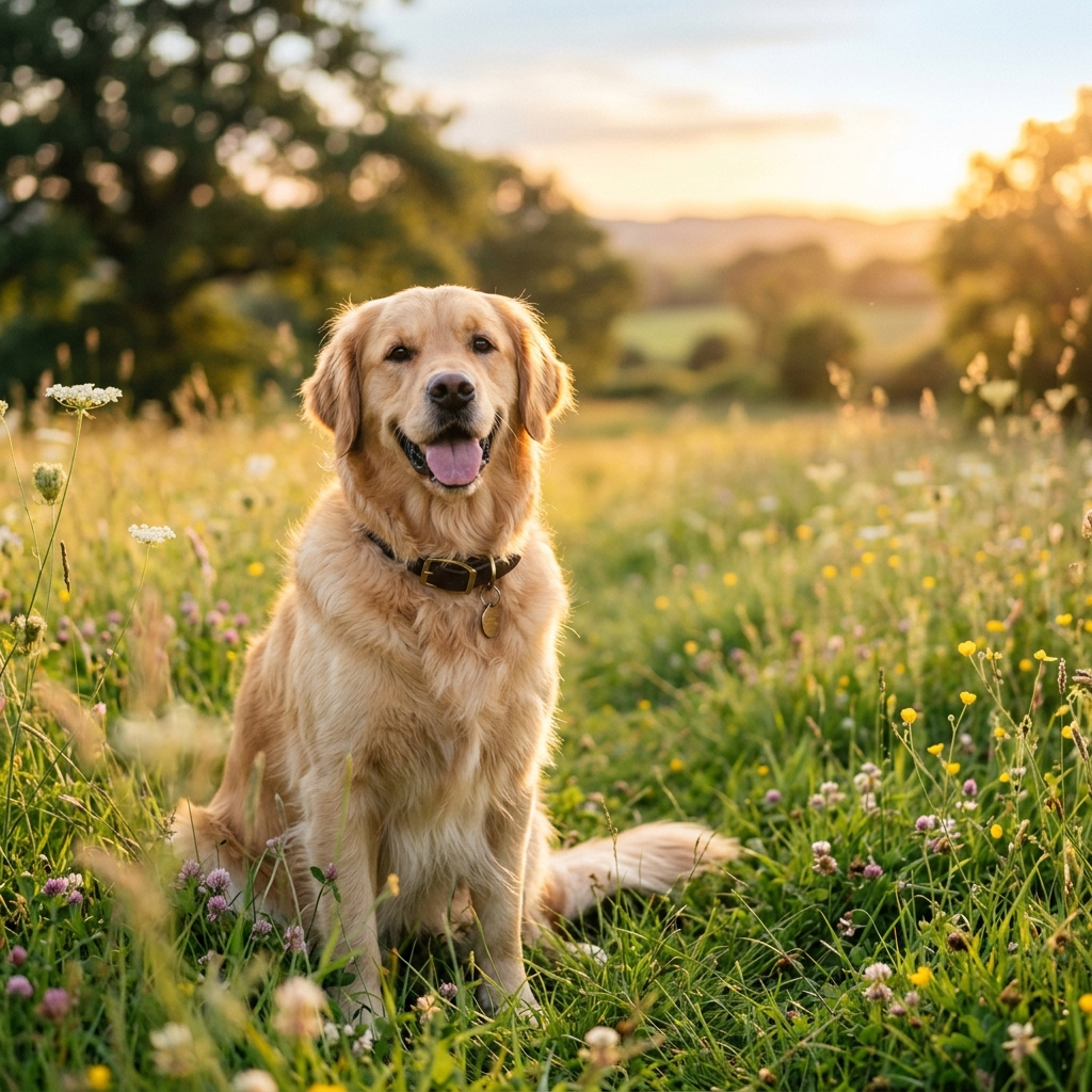 Happy Golden Retriever in a sunny meadow